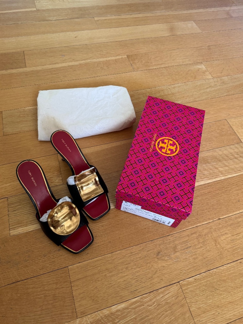New Black Leather Tory Burch patos mismatch heel sandal. Size 9